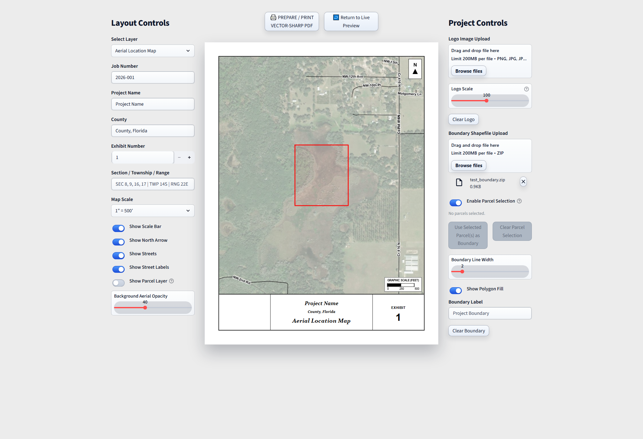 Engineering Exhibit Generator application interface showing layout controls, map preview, and project controls.