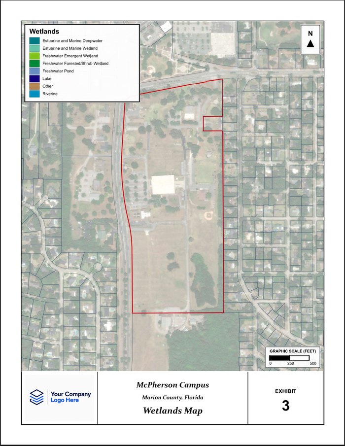 Wetlands Map exhibit preview with NWI legend, water features, and project boundary.